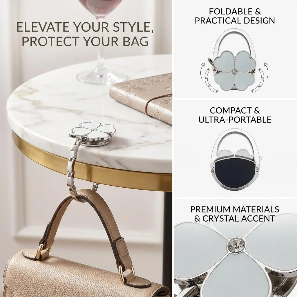 Foldable Clover Purse Hook, Portable Table Handbag Hanger, Compact Travel Bag Holder, Durable Foldable Hook for Home Outdoor and Restaurant