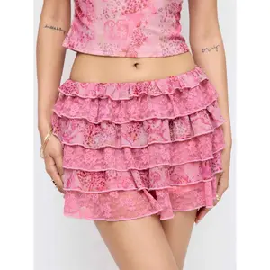 Cider Mesh Mid Rise Floral Ruffled Mini Skirt