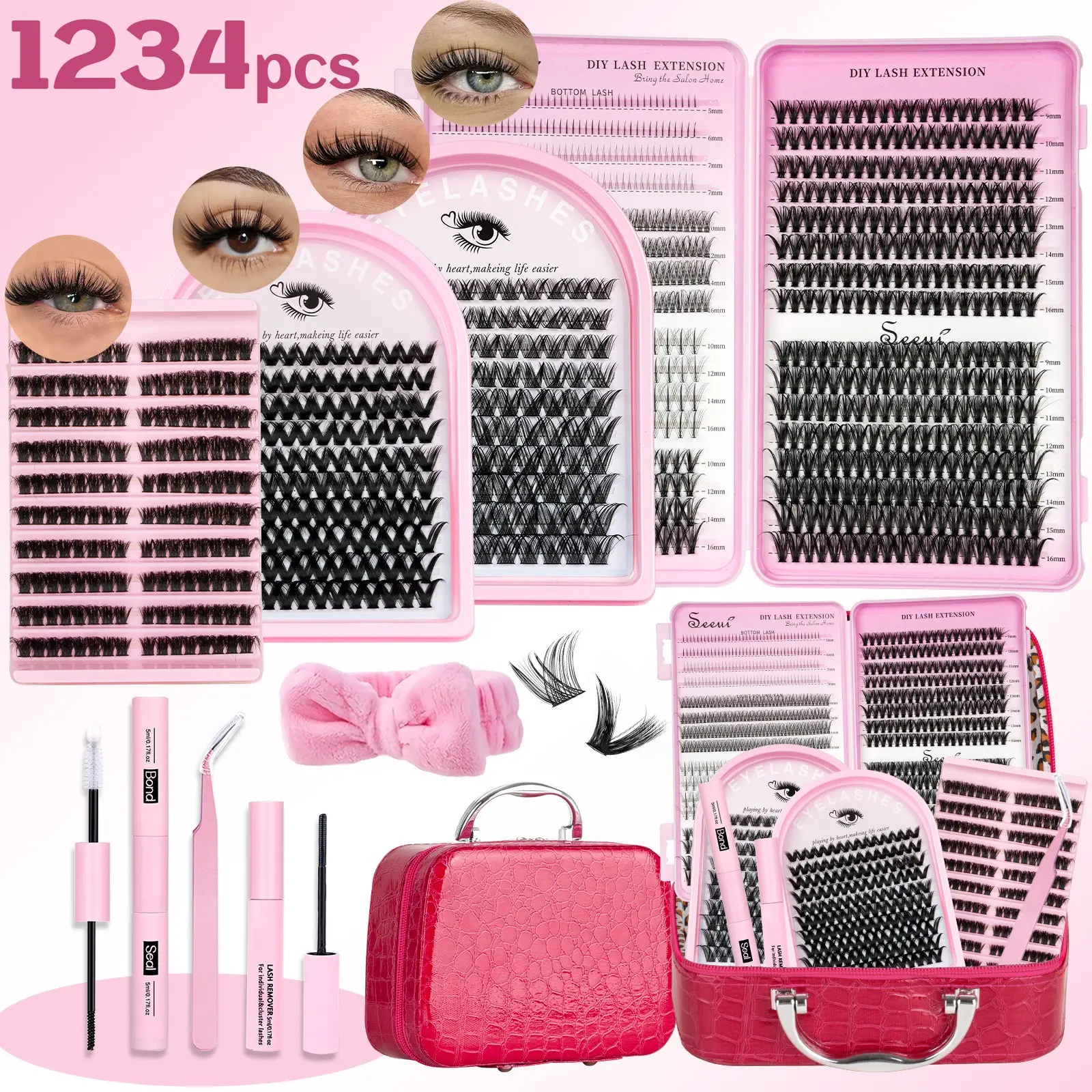 4 Boxes Lash Cluster Extensions Set, Lash Extension Kit, Curl Cluster Lashes, False Eyelashes Clusters, 20D 40D&Bottom Lashes, Soft & Lightweight Lash Clusters With Bond &Seal&Remover&Tweezers&Handband, Easy DIY Salon Look at Home