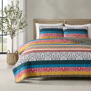 Lush Decor Boho Stripe 3 Piece Quilt Set - Full/Queen/King Sizes, 100% Cotton, Reversible, Geometric Pattern, OEKO-TEX Certified, Machine Washable, Bohemian Style Bedset