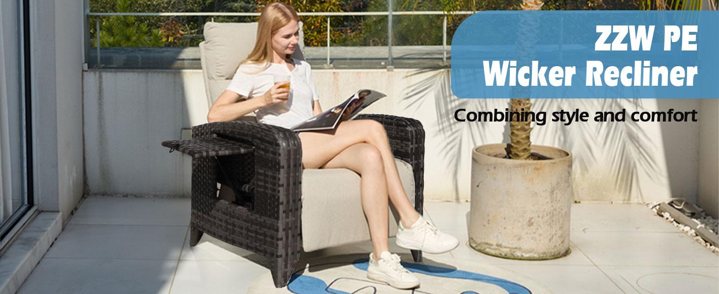 ZZWHOM Cozy PE Wicker Recliner with Side Table – 1/2 PCS Set, Outdoor Patio Chair with Reclining Back, Swivel & Non-Swivel Options for Morning Coffee on Balcony or Poolside Lounging