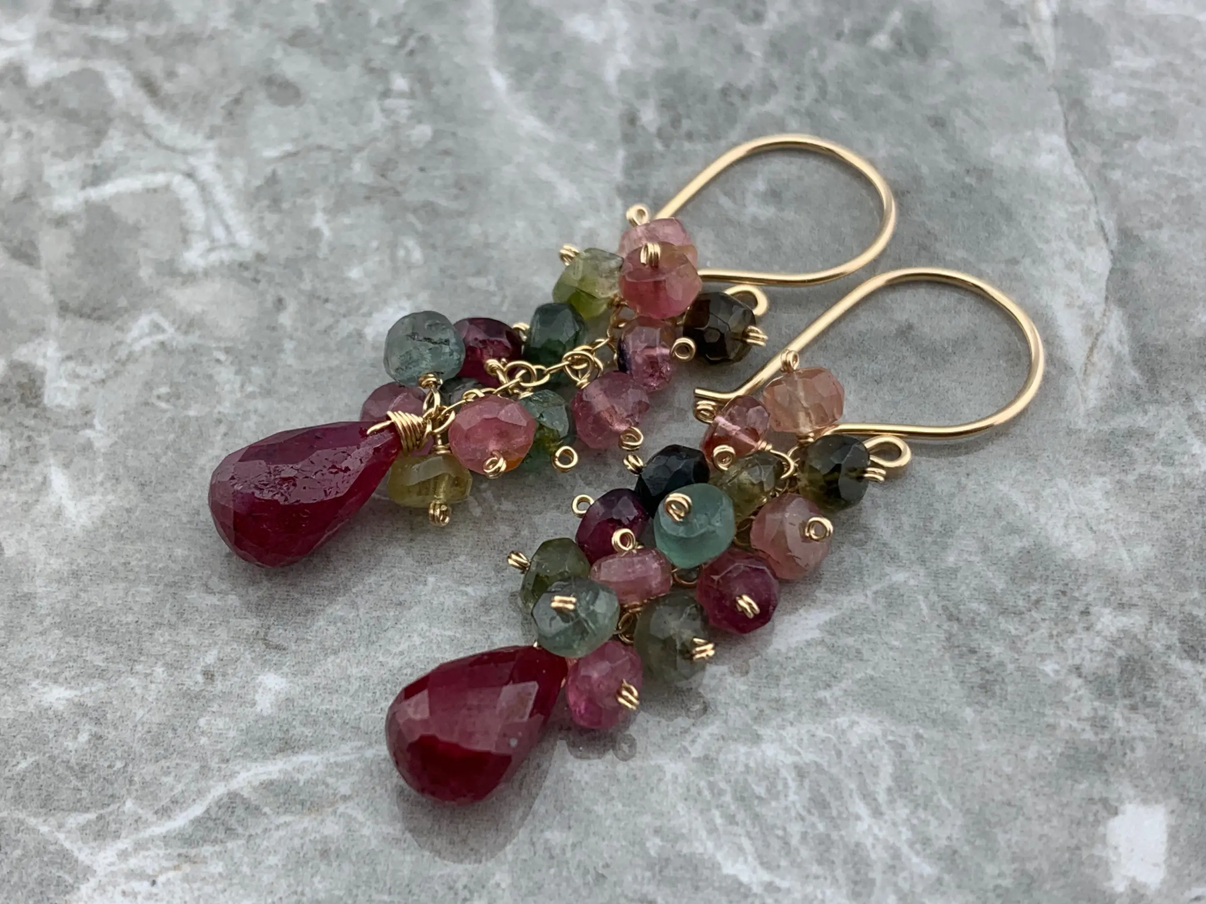 Ruby & Watermelon Tourmaline · 14K Gold Filled Cluster Earrings · Vibrant Handmade Jewelry · Luxe Gift for Her