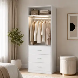 Cyclysio 24" Modular Closet System with Smart Sensor Light & 3 Wood Drawers, Modern Freestanding storage Wardrobe Walk-in Organizer with Hanging Rod for Small Space