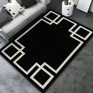 Modern Geometric Border Design Carpet, Base with Lines, Symmetrical Pattern, Easy Care, Multiple Sizes Available, Machine Washable Home Decor Rug