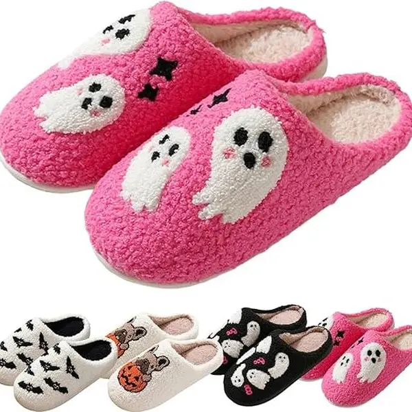 Halloween Aesthetic Pumpkin Ghost Cotton Slippers - Couple-Style Home Shoes for Men and Women, Warm-Lined, Anti-Slip, Funny Holiday Decorative Footwear