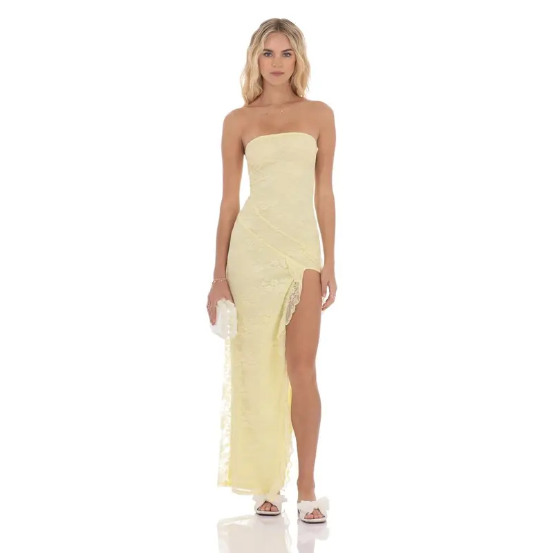 Lace Ruffle Slit Maxi Dress in Yellow