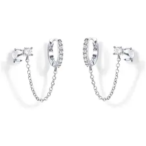 Women’s Double Piercing Earrings Set, 925 Sterling Silver Stud, Small Hoop & Threader Chain, Delicate Layered Jewelry valentine gifts for her