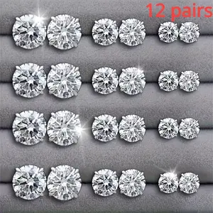 12-Pair Silvery Luxury Moissanite Earrings Set, Artificial Gemstone Jewelry, Ideal for Personal Wear, Valentine's Day or Mother's Day Gift