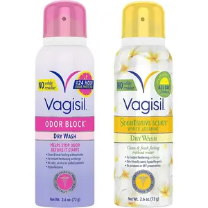 Feminine Dry Wash Deodorant Spray for Women, Gynecologist Tested, On The Go Hygiene, 2 Scent Bundle - White Jasmine, Odor Block (2.6 oz Each)
