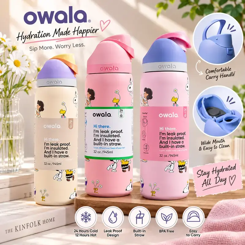New 2026 Owala FreeSip 32oz Cute Black White Stainless Steel Water Bottle, Leakproof BPA Free, Built-in Straw, Double Wall Vacuum Insulated, 24H Cold 12H Hot #Owala #Hydration #GymBottle