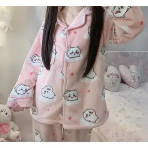 Cartoon Chiikawa Pajamas Girls Winter Coral Velvet Plus Velvet Thickened and Warm Usagi Hachiware Cute Pajamas Home Clothes Set