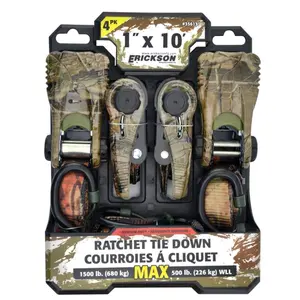 212 MAIN Heavy Duty Camo Ratchet Tie Downs - 1x10 in., 1500 lb Capacity, Cap Locks, Ratchet System, Pack of 4