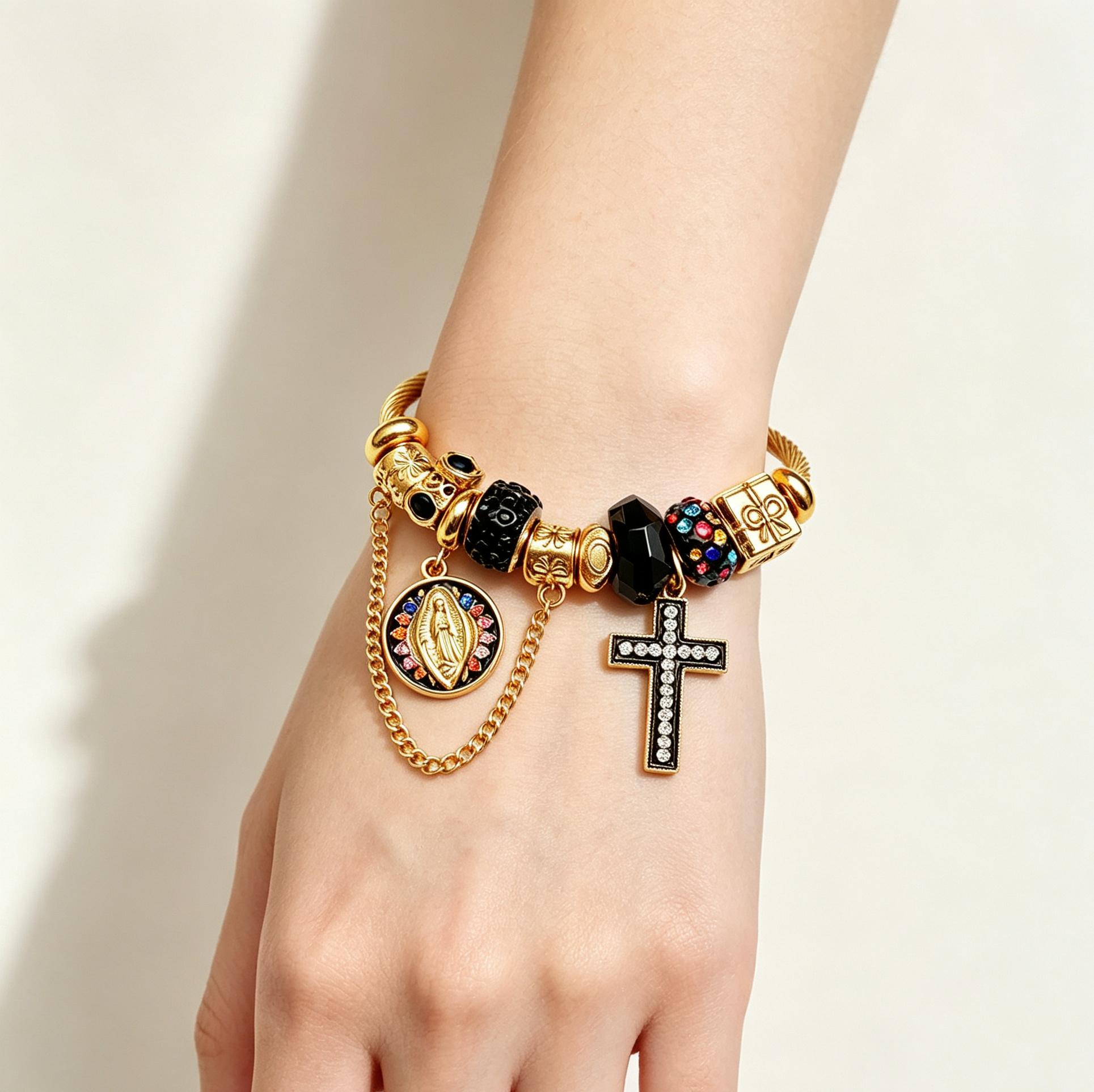 Adjustable Gold-Tone Cable Wire Bangle Bracelet, Virgin Mary Medal & Black Cross Charms Beaded Bracelet, Religious Jewelry Gift for Women Adjustable Gold-Tone Cable Wire Bangle Bracelet, Virgin Mary Medal & Black Cross Charms Beaded Bracelet, Religious Jewelry Gift for Women