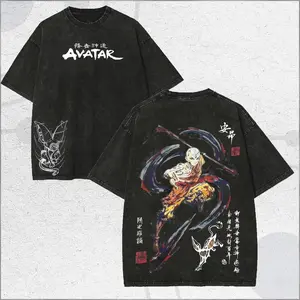 Avatar The Last Airbender Aang Airbending Oversized T-Shirt, Vintage Acid Wash Charcoal Streetwear Tee, Premium Heavyweight Cotton Anime Graphic Shirt, Aesthetic Y2K Gift for Men and Women
