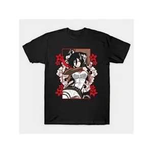 Mens Anime Graphic T-Shirt- Mikasa Fan Art Print, Black Short Sleeve Crew Neck, Casual Summer Shirt for Adults, Perfect,, Casual Attire, Floral Design, Durable Fabric streetwear style Men's Slim Fit Crew Neck T-Shirts