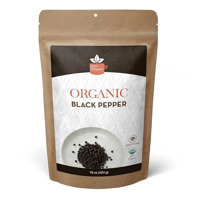 SPICY ORGANIC Black Peppercorns – 16 oz - Whole, Fresh, and Spicy Black Pepper for Grinder Refill, Premium Ceylon Quality, USDA Certified Organic, Gluten-Free, and Kosher Spice Natural Flavor