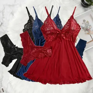 3PCS Soft Sheer Nighty Pajamas Nightgowns  Halter Dress Women Sleepwear Sexy,Available in Red, Black, and Blue. Featuring Intricate Lace Detailing, a Flattering Silhouette, and Matching Lingerie. Perfect for a Romantic and Glamorous Night