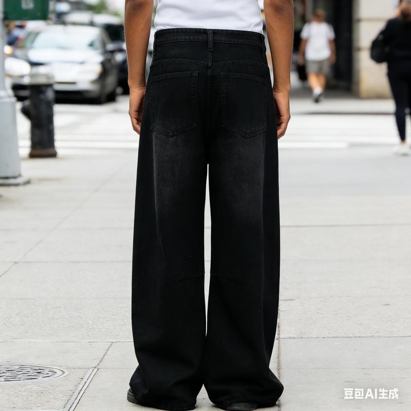 Customized Black Denim Pants Men's Wide-Leg Jeans Loose Casual Streetwear Trousers