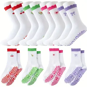 JointlyCreating Women's Non-Slip Grip Workout Socks 3/4 Pairs Mid-Calf Yoga Pilates Ballet Socks with Ruffle Cuff & Embroidery Pattern in Pink Red Colors for Exercise Dance Training