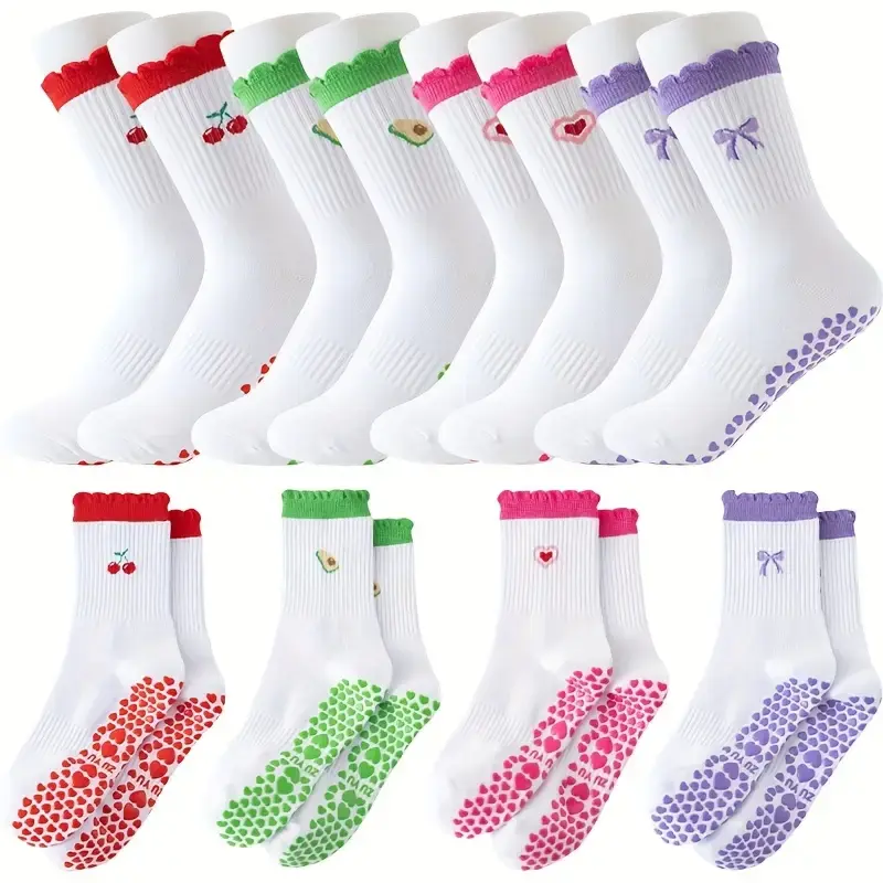 JointlyCreating Women's Non-Slip Grip Workout Socks 3/4 Pairs Mid-Calf Yoga Pilates Ballet Socks with Ruffle Cuff & Embroidery Pattern in Pink Red Colors for Exercise Dance Training