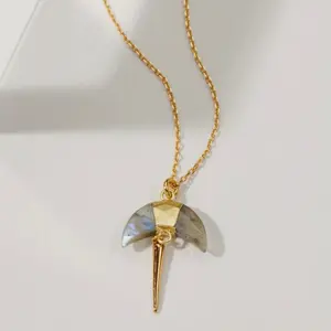 14k Crescent Moon Labradorite Necklace with Gold-Tone Chain and Unique Labradorite Pendant Design