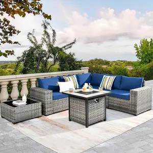 POUUIN Modular Patio Outdoor Sectional Furniture Set with Gas Propane Fire Pit Table, 7 Piece Wicker Conversation Sofa Set, Out Door Couch Set with Wide Arm Outside, Modern, 7-Pieces