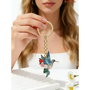 Luxury Enamel Hummingbird Alloy Keychain - Rhinestone-Inlaid Anti-Loss Charm, Bedazzled Gems Animal Motif Keychains for Women, Cute Car Key & Bag Ornament