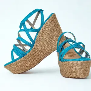 San Doval By GJ Sandalia GISEL Turquoise & Beige Wedge Sandals with Front & Ankle Straps Chic Colombian Style 7.5cm Height Spring Fashion Girl Elegant Women Stylish Walking Shoes Footwear Classy High Heels Heeled Deep Sky Blue