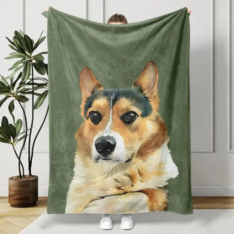 Cozy Corgi Dog Lover Throw Blanket, Lightweight Flannel Nap Quilt for Couch Bed, Watercolor Welsh Corgi Portrait Olive Green Pattern Blanket, Warm Holiday Gift for Family Friends, Suitable for Sports, Beach and Travel