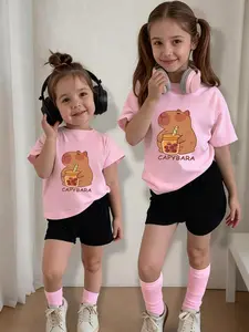 Girls' Casual Short Sleeve Shorts Set, Age 4-12, Cartoon Capybara Print, Fitted Round Neck Tee, All Seasons, Cute and Fun Design, Casual Outfit Set, Cute Clothing Set