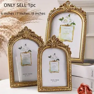 Vintage Golden Ornate Resin Photo Frame, Glass Front, Antiqued Arch Design, Ideal for Weddings & Anniversaries, Gift for Him Her, Picture Frame