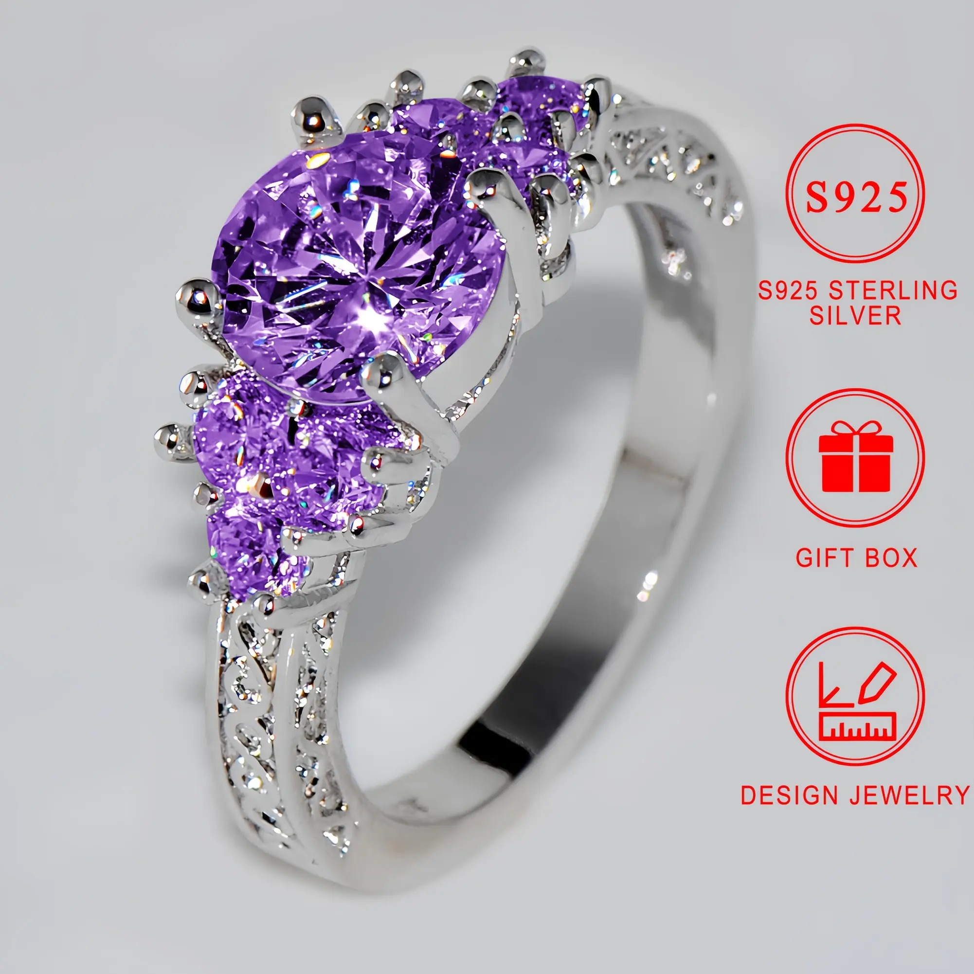 Elegant 925 Sterling Silvery Engagement Ring with Sparkling Purple Cubic Zirconia - Hypoallergenic, Nickel-Free, Perfect for Weddings & Anniversaries, Includes Gift Box