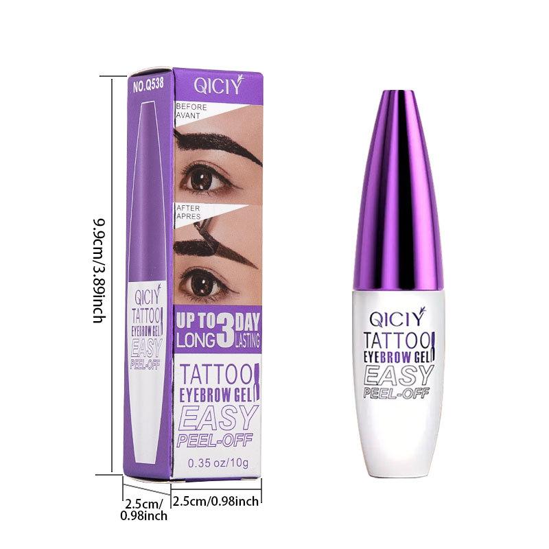 Easy-to-peel eyebrow gel that is waterproof and sweatproof, featuring long-lasting black or brown tattoo shades, film-forming application, and medium coverage suitable for all skin types. eye