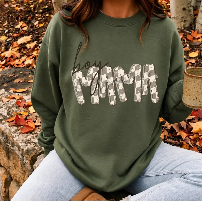 Vintage Boy Mama Sweatshirt, Retro Checkered Mama Crewneck, Mama of Boys Sweatshirt, Cozy Fall Mom Pullover, Gift for Mom, Women Long Sleeve