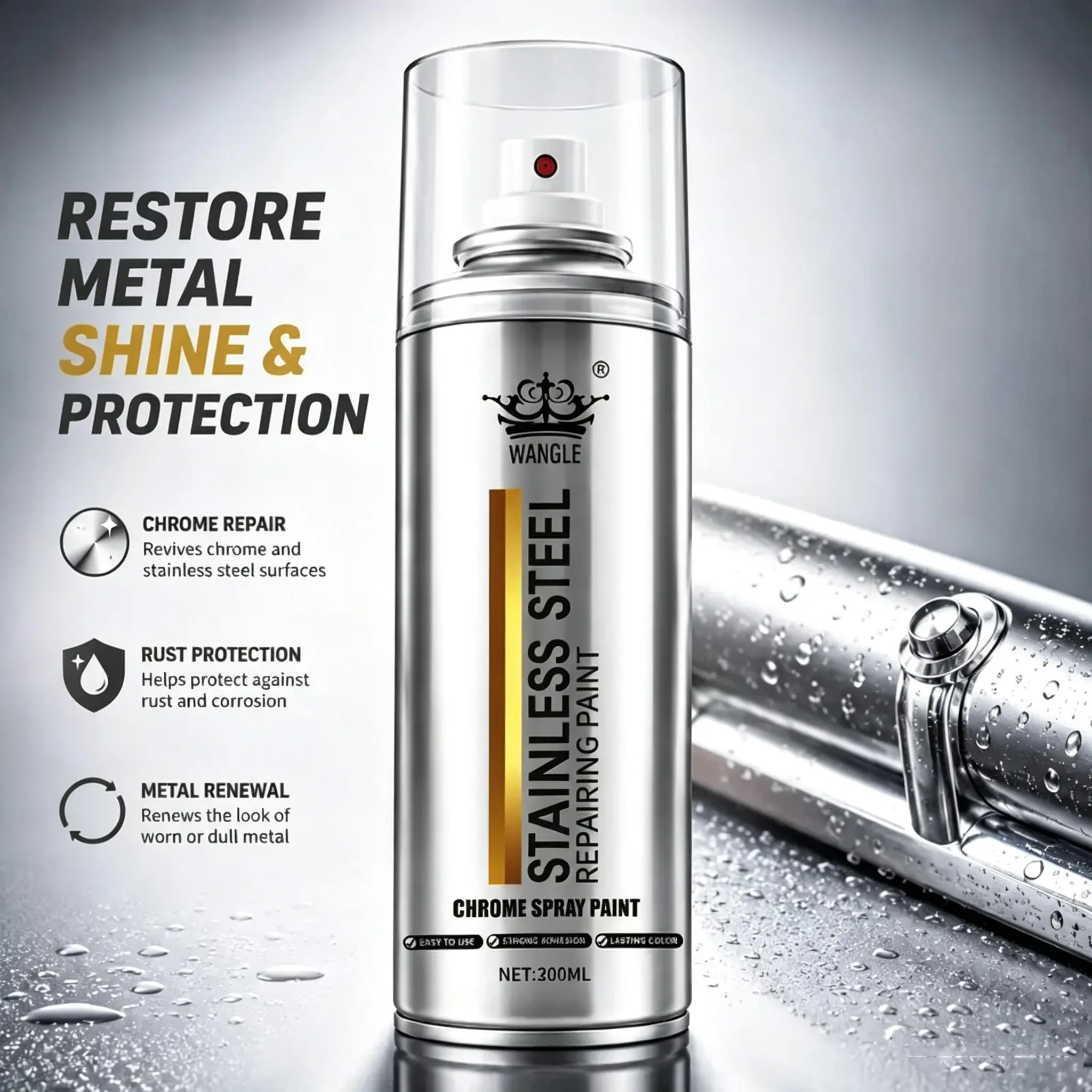 Professional Chrome Coating Spray (300ml) Beginner-Friendly Household Cleaner, Durable Protective Layer, Low-Odor Rust & Corrosion Protection for Faded Metal Surfaces,Cars, Bikes, Indoor Decorative Metals, Protect Against RustAnd Corrosion, Metal Rene