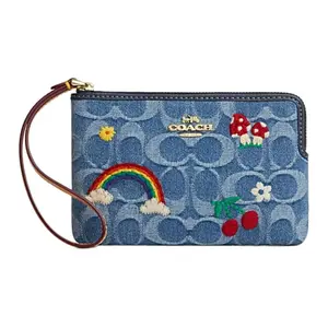 Coach Classic Logo Top-Zip Denim Wristlet Clutch with Fabric Lining for Women in Indigo Blue