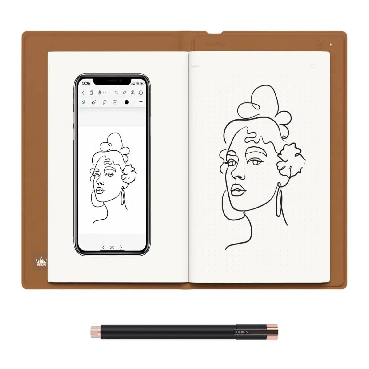 HUION Note 2-in-1 Digital Notebook Graphics Tablet - Durable Leather Cover, Magnetic Paper Support, Battery-free Pen, Bluetooth Wireless, Portable Handheld Phone-compatible Electronic Writing Device with Protection Features