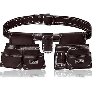 FUERI 9 Pocket Leather Tool Belt,Comes with Padded Belt, Big Pouches, Hammer Holder and Suspender loops, Ideal for Construction Workers, Carpenters and Electrician.