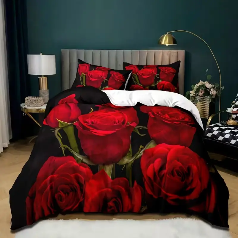 2D Print Rose Pattern Decorative Theme Bedding Set, Floral Bedding Sets, 100% Polyester Soft Breathable Fabric, All Seasons, Bedroom & Guest Room Decor, Decorative Bedsheet Sets, Bedset