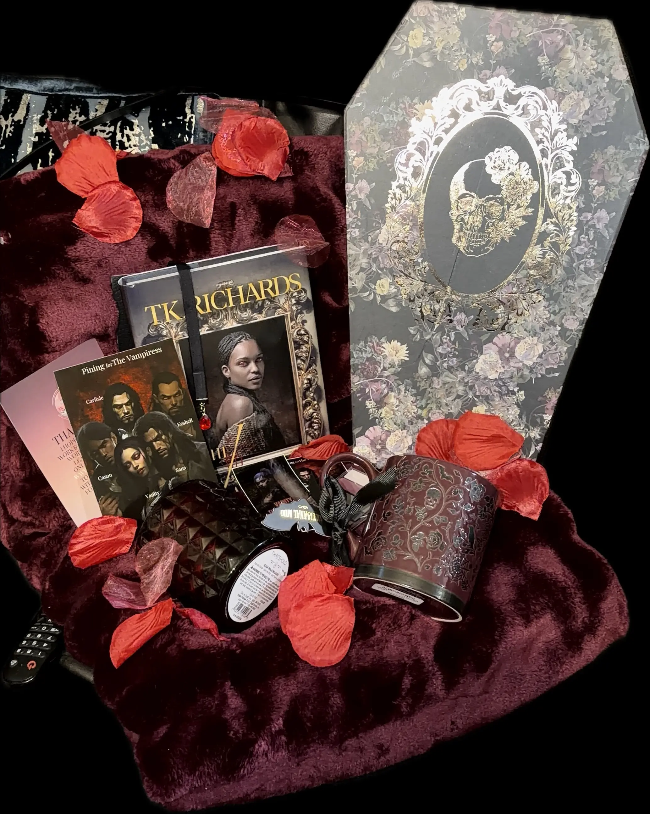 T.K. Richards The Vampiress Holiday Book Box Vampire Themed Gift Set with Paperback Book Bourbon Scented Candle Coffee Mug Cooling Fan Plush Blanket Sticker Pack Book Ribbon and Nail Art Kit