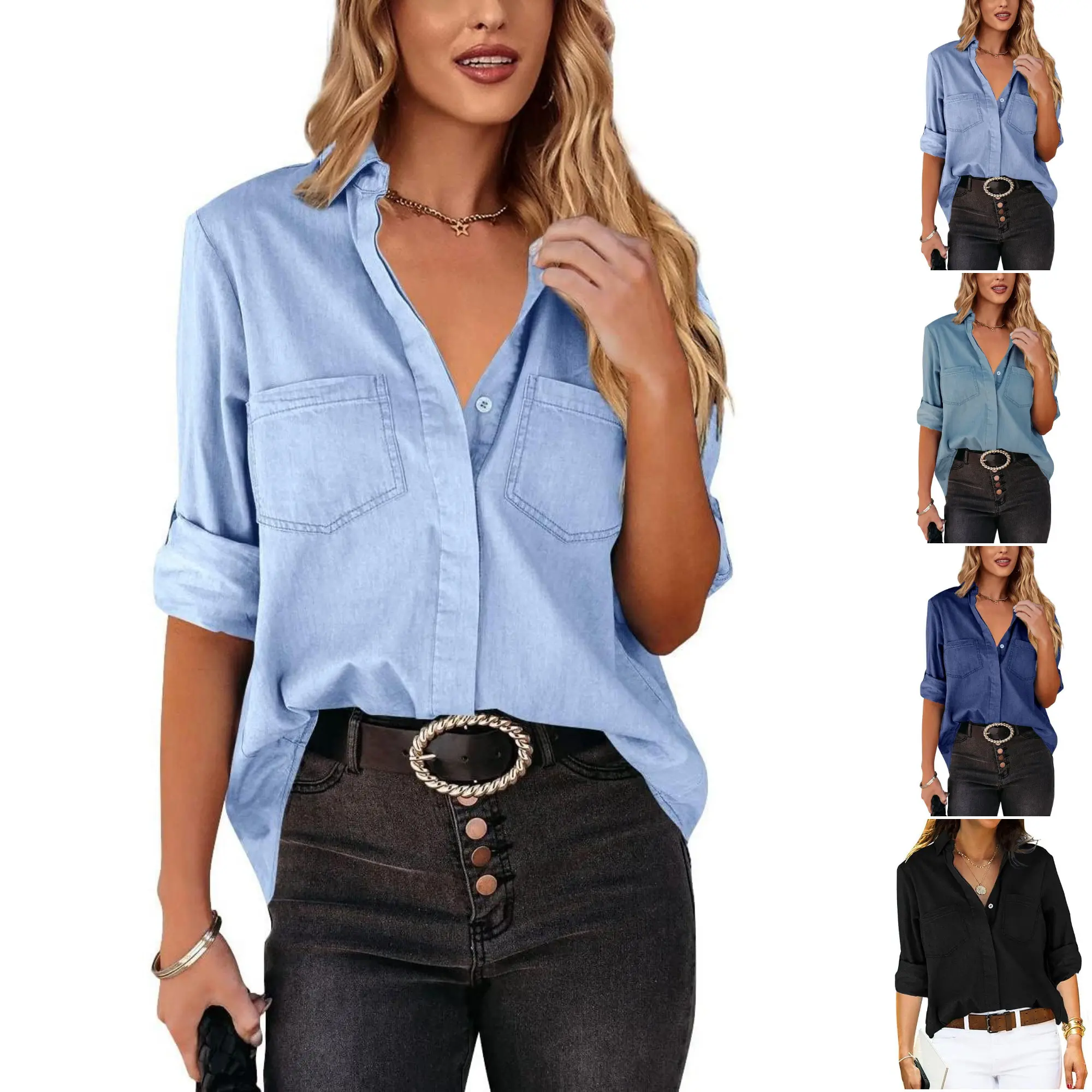 FMEYOA Women's Button Down Denim Shirt Casual Collared Long Sleeve Pocket Blouses
