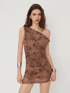 Cider Mesh Asymmetrical Neck Rose Print Twist Ruched Mini Dress