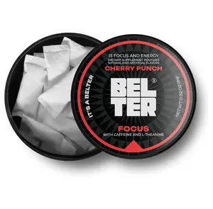 BELTER Focus - Cherry Punch - Caffeine Pouches - 15 Count - Fast-Acting - Zero-Calorie Energy Boost with L-Theanine - 96mg Caffeine Per Pouch - Ideal for Sports, Gym, Gaming, & Work