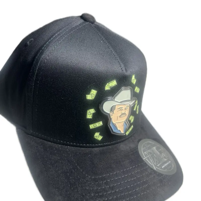 Pin del Mayo Hats - Black Cap with Unique Graphic Design Featuring Cartoon Character and Money Motif