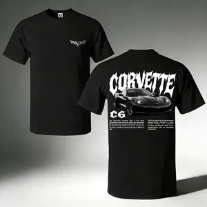 Corvette C6 Graphic T-Shirt — Washed-Effect Racing Print Short Sleeve, 100% Cotton Crew Neck — Classic Sports Car Merchandise for Men & Teens, Trendy Unisex Top