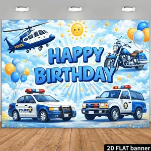 2D Flat Banner Polyester Photography Backdrop, HD Digitally Printed Background Cloth with Police Theme Vehicles, Blue Sky, Sun, Stars, and Balloons for Happy Birthday Party Decorations, Photo Booth, Studio Photography, and Events