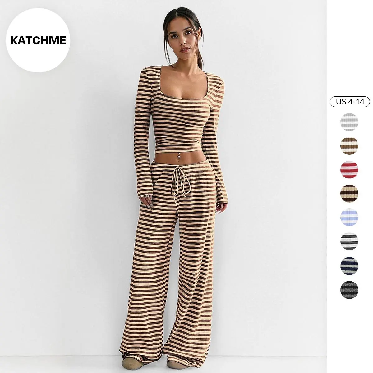 Katch Me Women's Leisure Square Neck Stripe Long Sleeve Crop Top & Low-Rise Wide Leg Trousers Co-ord, Lady Two Piece Outfits, Casual Going Out Set