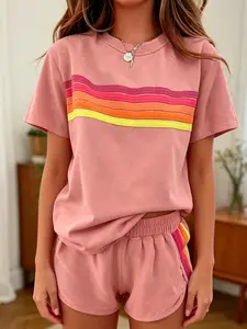 Two-piece women's fashion casual sportswear set, Sweatsuit Sets, loose and slim-fit with rainbow striped design, perfect for summer, vacations, indoor, and outdoor wear Womenswear