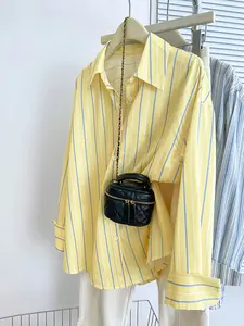 Women's Striped Shirt, Blue Mixed Stripe, Elegant Fashion Casual Slimming Commuter Top, Autumn Versatile Style