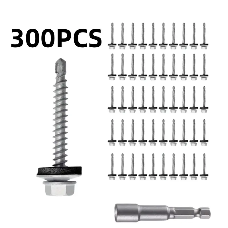 300pcs Self-Tapping Deck Screws – M4.8x38mm Hex Washer Head, Epoxy Coated Anti-Rust, with Hex Drill Bit & Allen Wrench for Outdoor Wood